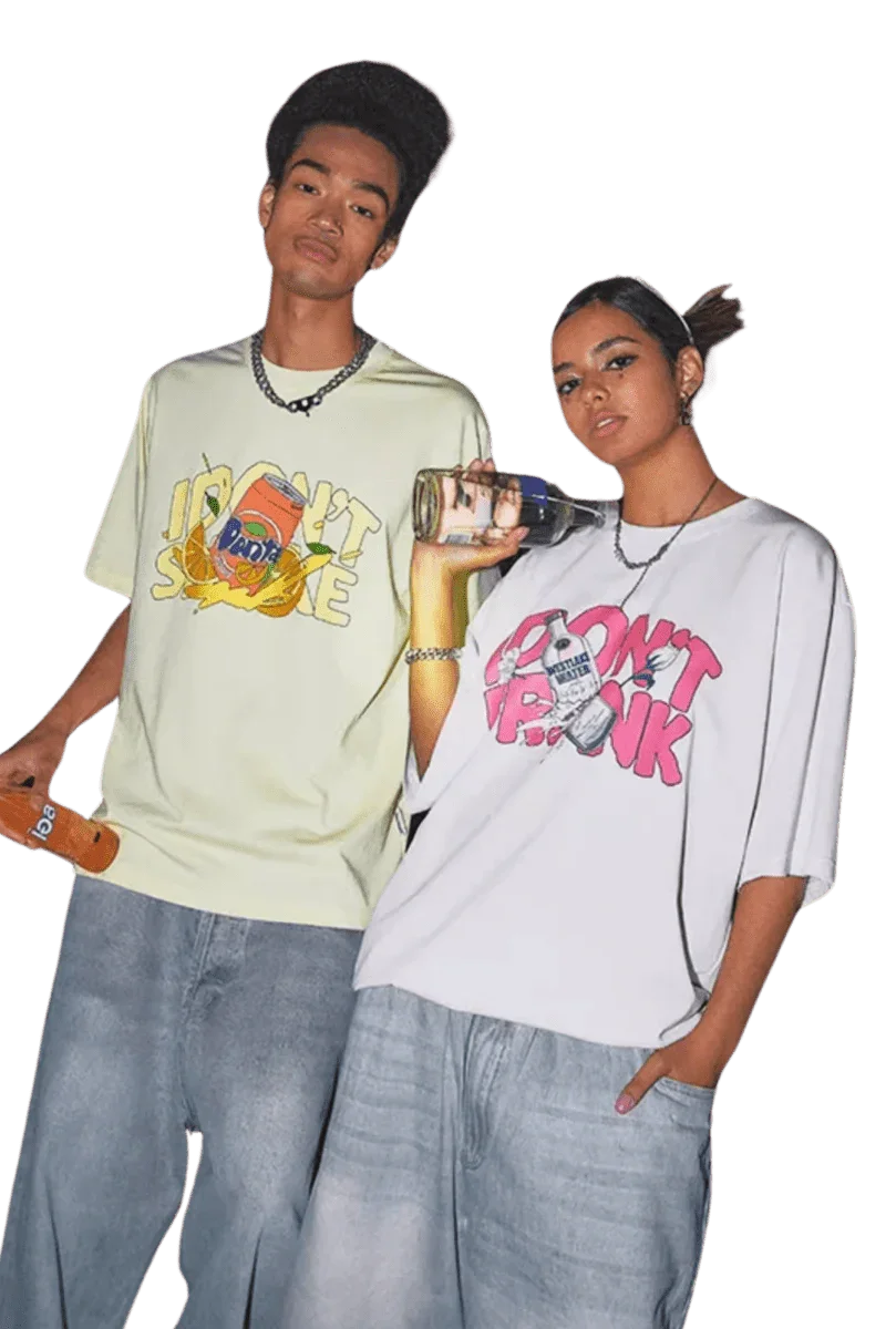 Two models wearing IDontSmoke Drinks Series Tee with colorful drink-themed graphic designs