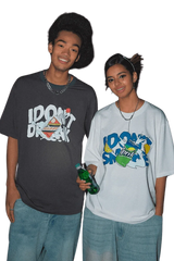 Young man and woman wearing IDontSmoke Drinks Series Tee in black and white with graphic soda can and bottle designs
