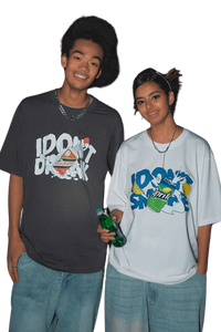 Young man and woman wearing IDontSmoke Drinks Series Tee in black and white with graphic soda can and bottle designs