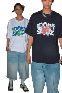 IDontSmoke Drinks Series Tee in black and white with colorful drink graphic worn with casual denim shorts