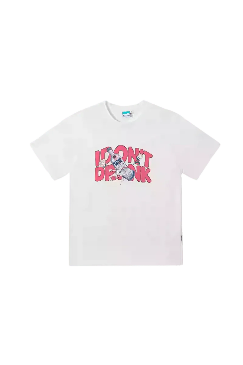White IDontSmoke Drinks Series Tee with bold red text and bottle graphic on front