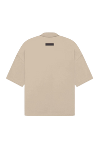 Back view of ShaLaoBan SS23 Mock Neck Tee in beige, featuring a simple design and relaxed fit