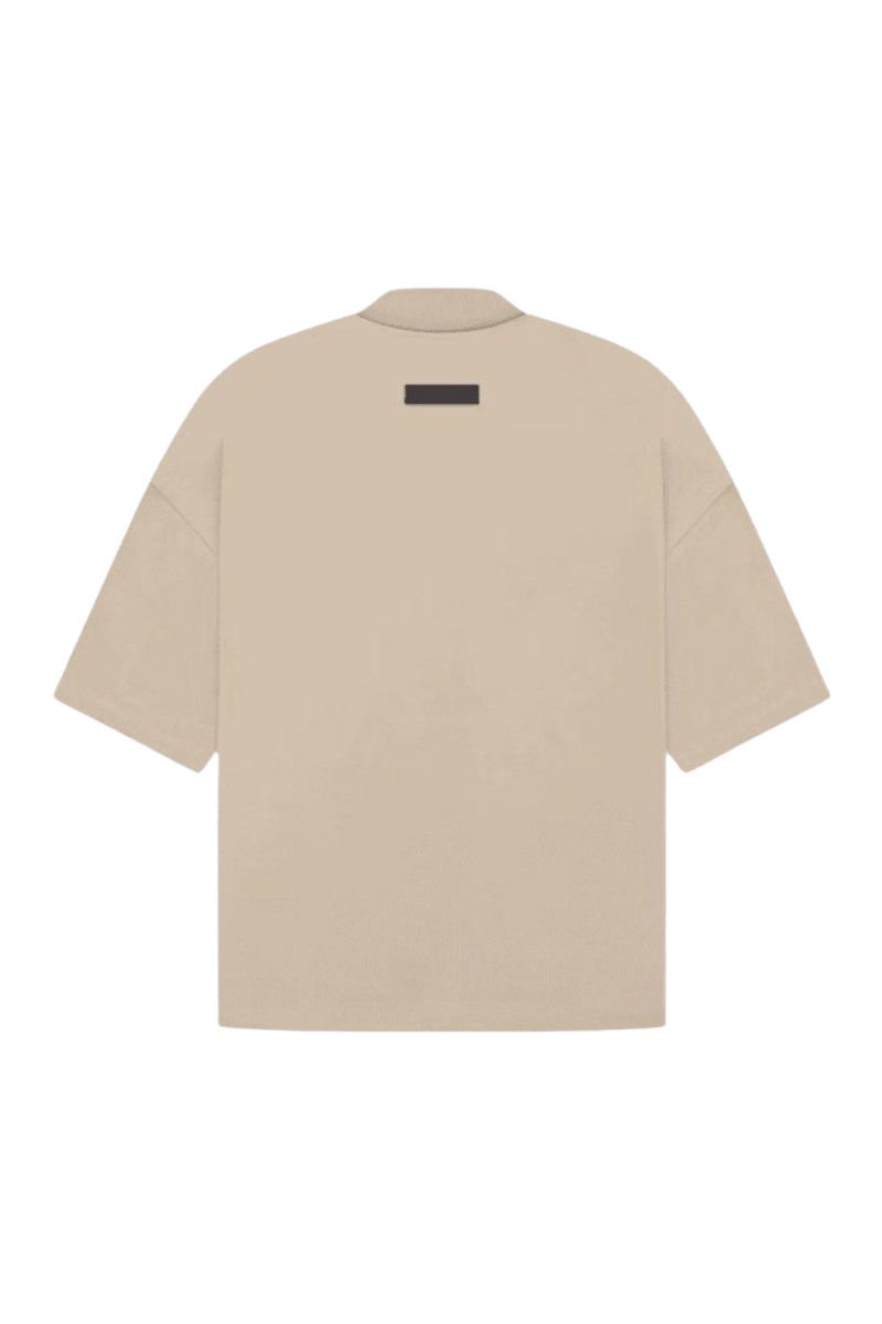Back view of ShaLaoBan SS23 Mock Neck Tee in beige, featuring a simple design and relaxed fit