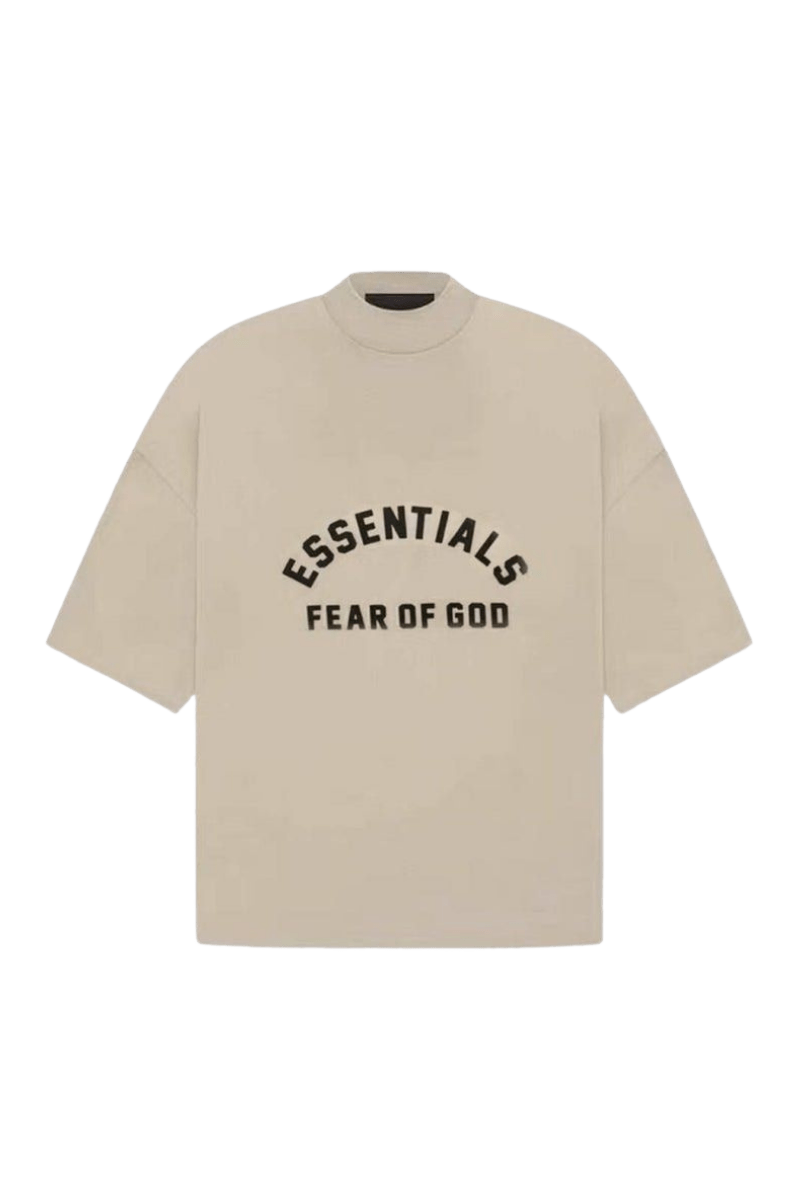 Beige SS23 Mock Neck Tee by ShaLaoBan featuring Essentials Fear of God graphic text
