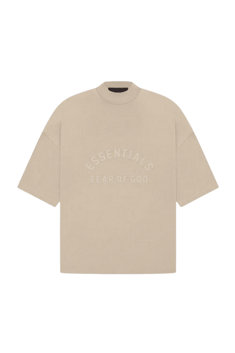 ShaLaoBan SS23 Mock Neck Tee in beige with bold 'ESSENTIALS FEAR OF GOD' print