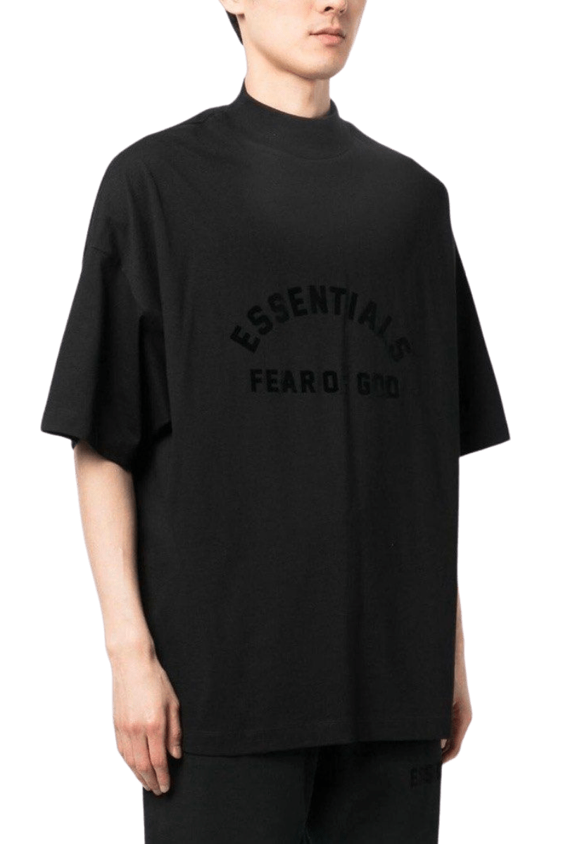 SS23 Mock Neck Tee in Black with Oversized Fit and Essentials Branding
