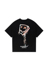 Dangerous People graphic tee in black featuring unique smiley design and bold colors on the back