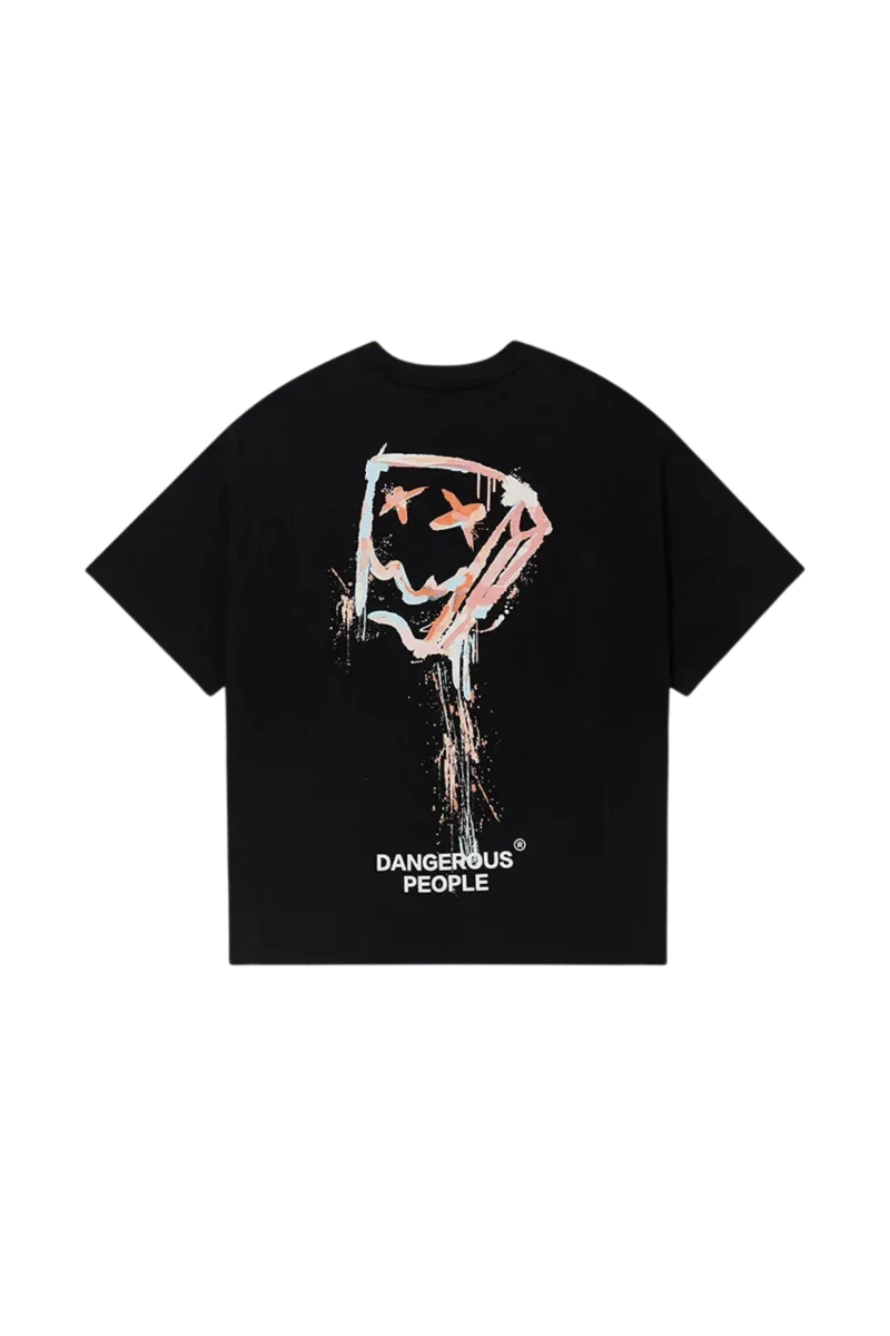 Dangerous People graphic tee in black featuring unique smiley design and bold colors on the back