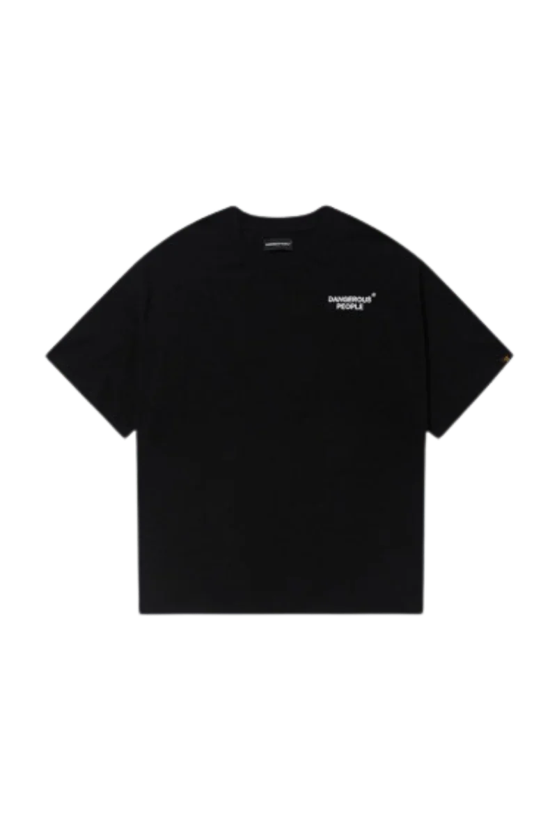 Back view of Dangerous People graphic tee in black featuring a stylish logo print