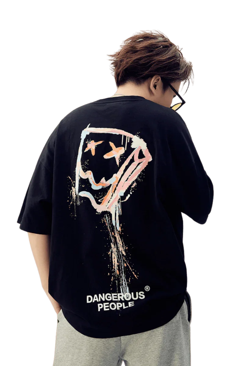 Back view of Dangerous People graphic tee featuring colorful artwork and brand logo on a black shirt