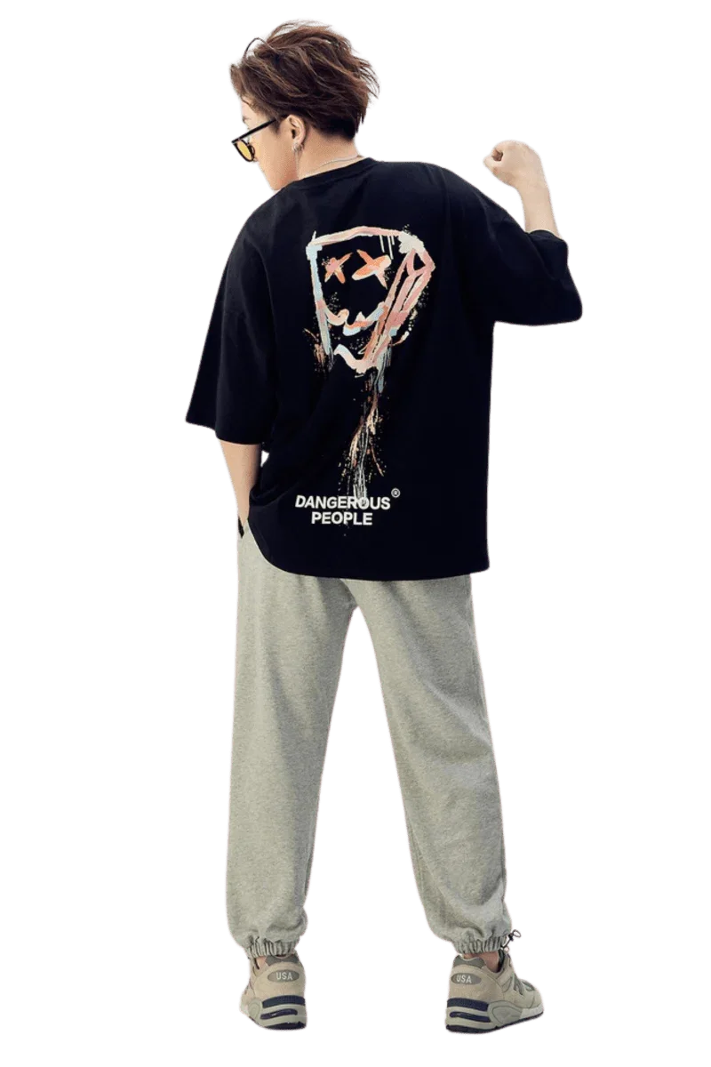 Back view of a black Dangerous People graphic tee featuring a bold design and relaxed fit