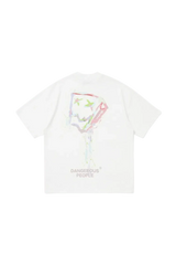 White Dangerous People graphic tee featuring a colorful abstract design on the back