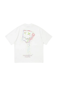 White Dangerous People graphic tee featuring a colorful abstract design on the back