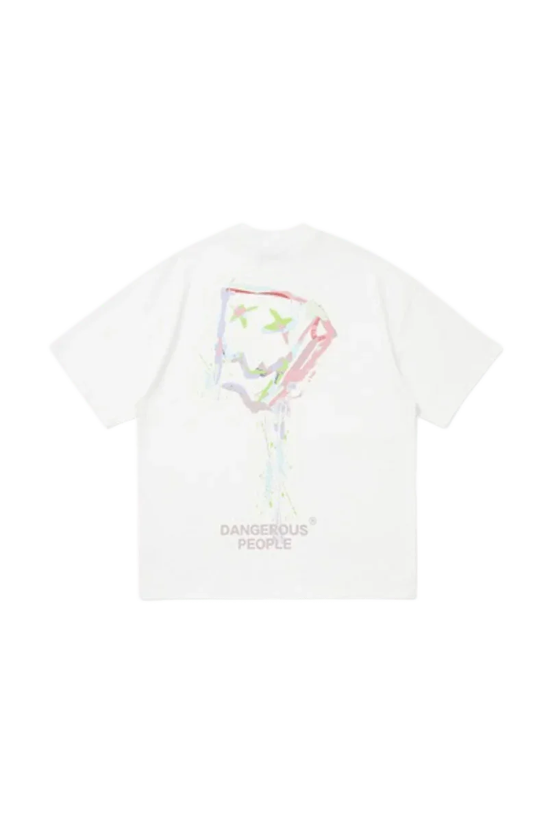 White Dangerous People graphic tee featuring a colorful abstract design on the back