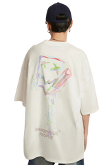 Back view of a white Dangerous People graphic tee featuring a colorful abstract design