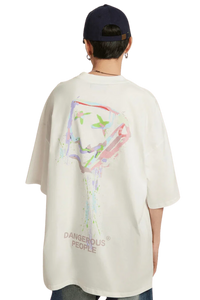 Back view of a white Dangerous People graphic tee featuring a colorful abstract design