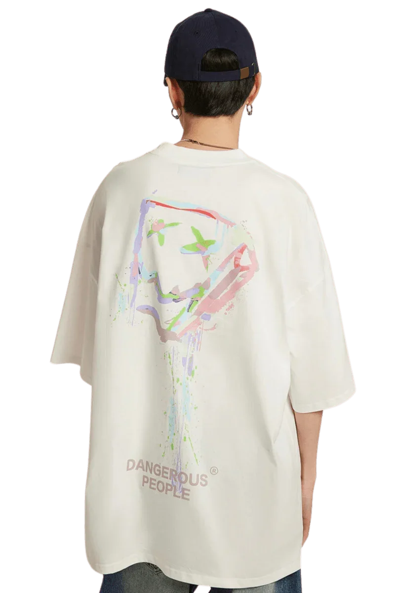 Back view of a white Dangerous People graphic tee featuring a colorful abstract design