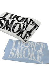 IDontSmoke Sorona material graphic tee in white and blue with bold distressed text design