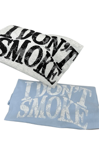 IDontSmoke Sorona material graphic tee in white and blue with bold distressed text design
