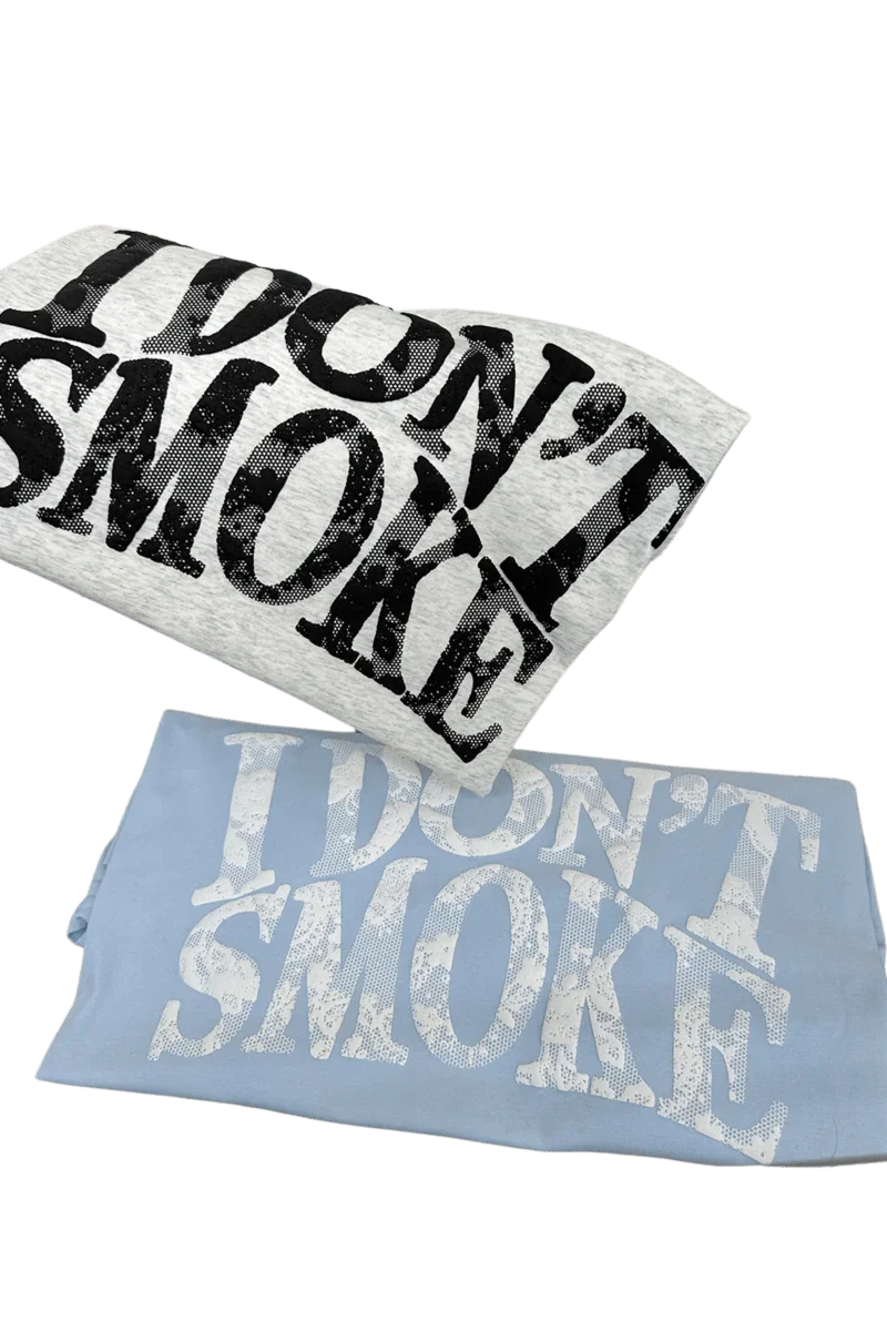 IDontSmoke Sorona material graphic tee in white and blue with bold distressed text design