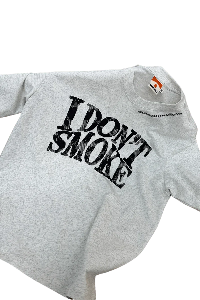 IDontSmoke Sorona material graphic tee in light gray with bold black text design