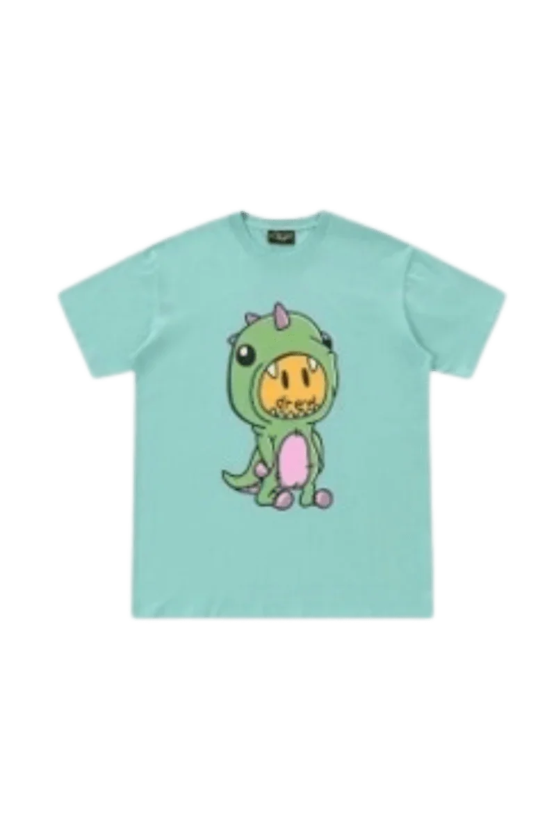Drew House Dino SS Tee in light blue featuring a playful dinosaur graphic on the front
