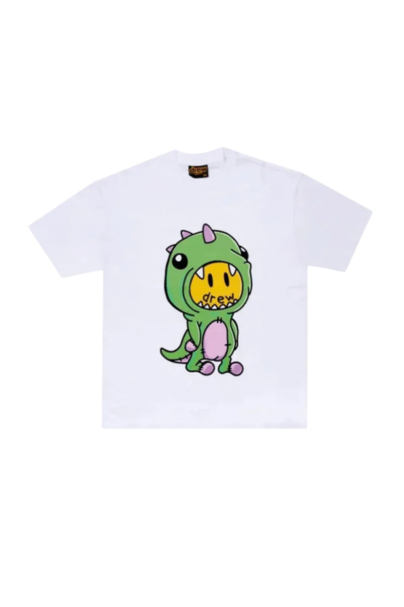 Drew House Dino SS Tee featuring a colorful dinosaur graphic on a white short-sleeve t-shirt