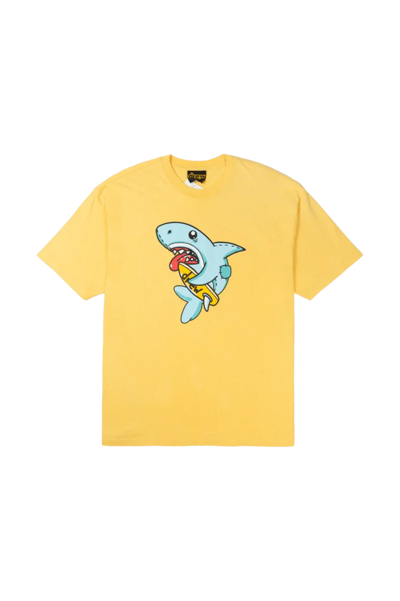 Drew House Figment SS Tee in Yellow featuring playful shark graphic on the front