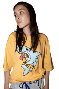 Drew House Figment SS Tee in yellow featuring a playful shark graphic for a casual look