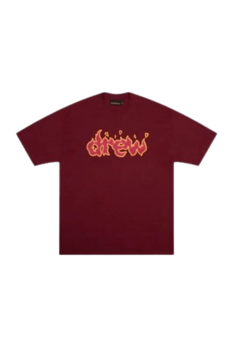 Drew House Fire Lit SS Tee in burgundy with vibrant graphic logo for casual style