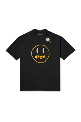 Drew House Painted Mascot Tee in black featuring a yellow smiley face design and relaxed fit