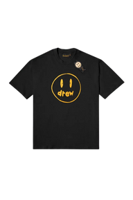 Drew House Painted Mascot Tee in black featuring a yellow smiley face design and relaxed fit