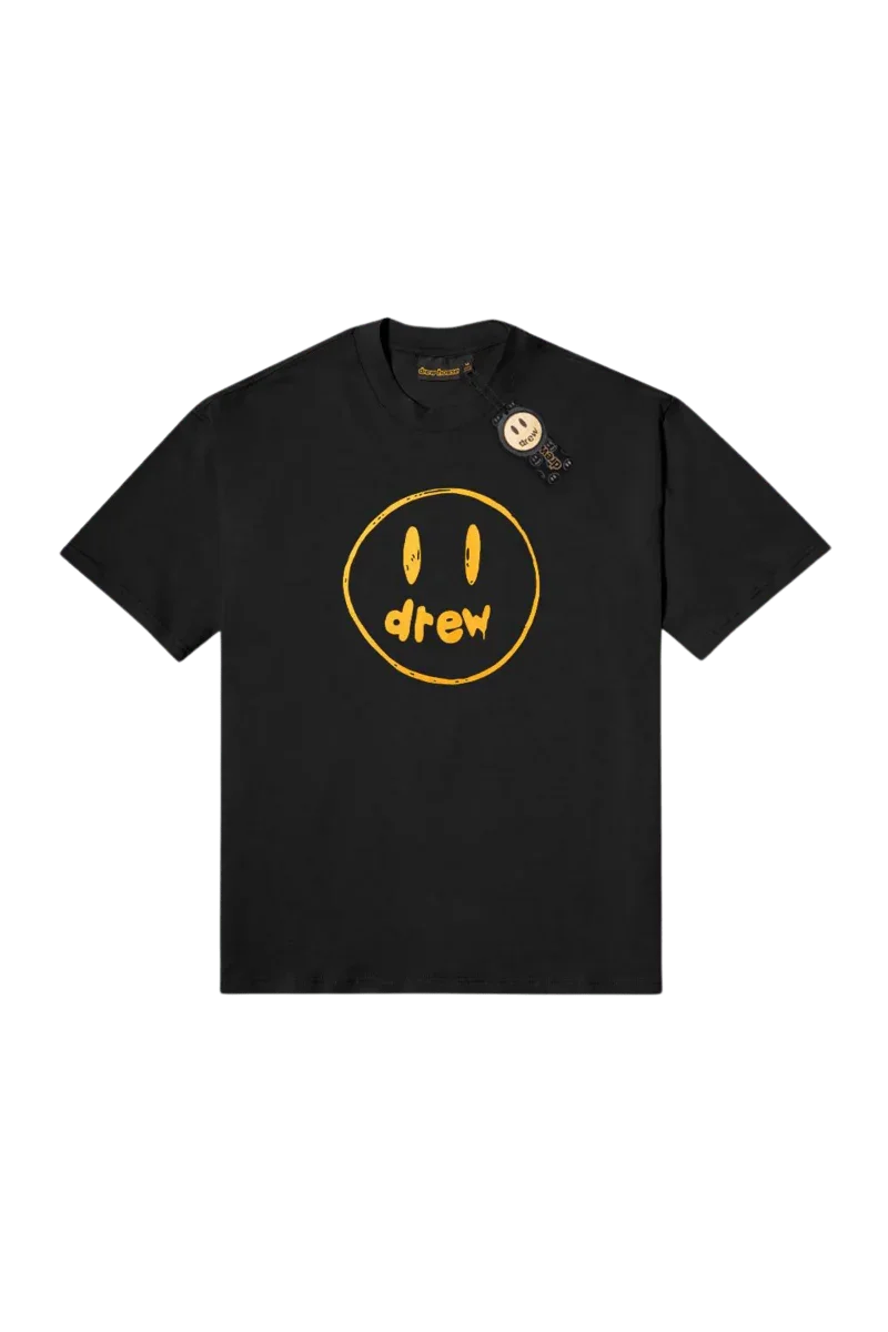 Drew House Painted Mascot Tee in black featuring a yellow smiley face design and relaxed fit