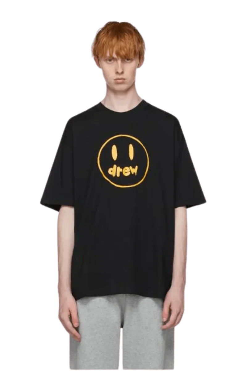 Drew House Painted Mascot Tee in black with yellow smiley logo for casual fashion.