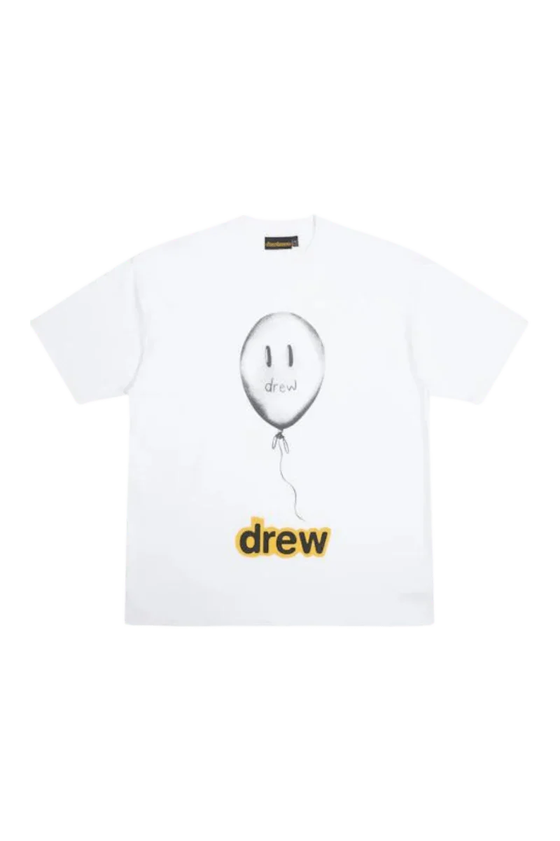 Drew House Real Joy SS Tee featuring a smiley balloon graphic on a white shirt