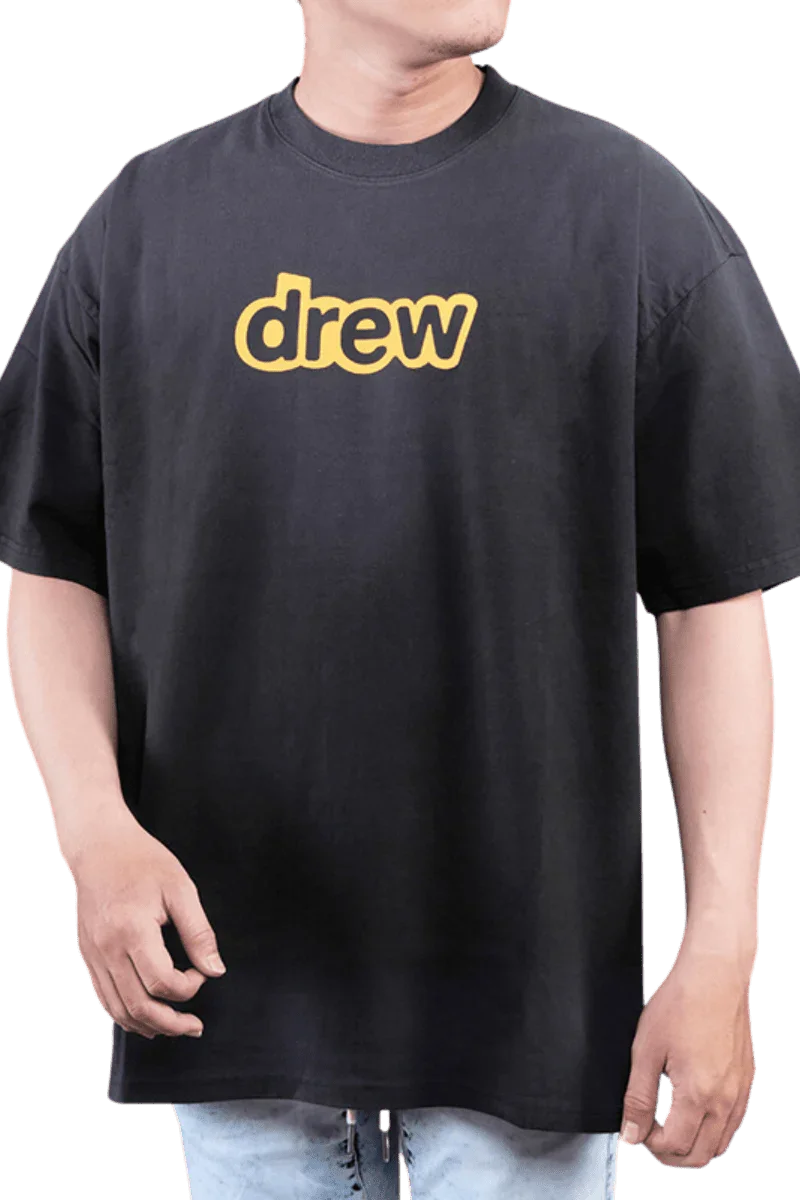 Drew House Secret SS Tee in black featuring classic yellow 'drew' logo for casual style
