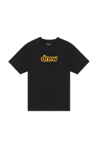 Drew House Secret SS Tee in black with bold yellow 'drew' logo for casual style