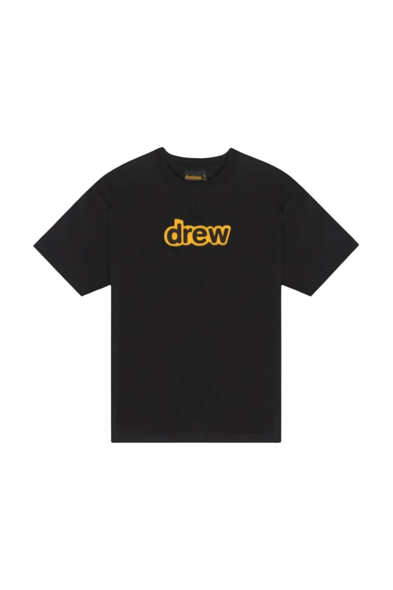 Drew House Secret SS Tee in black with bold yellow 'drew' logo for casual style