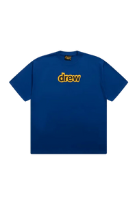 Drew House Secret SS Tee in vibrant blue with bold yellow 'drew' logo for casual style