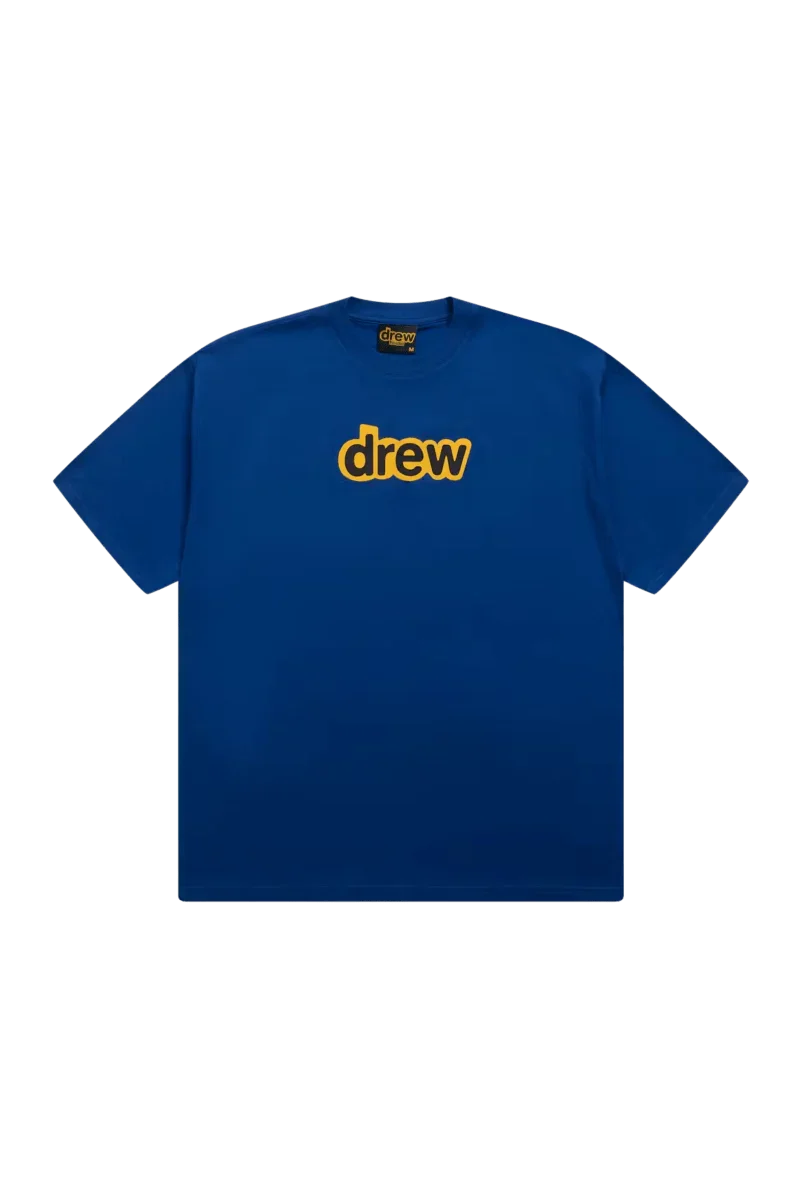 Drew House Secret SS Tee in vibrant blue with bold yellow 'drew' logo for casual style