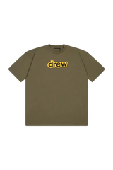 Drew House Secret SS Tee in olive green featuring a bold yellow drew logo