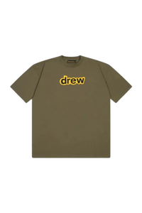 Drew House Secret SS Tee in olive green featuring a bold yellow drew logo