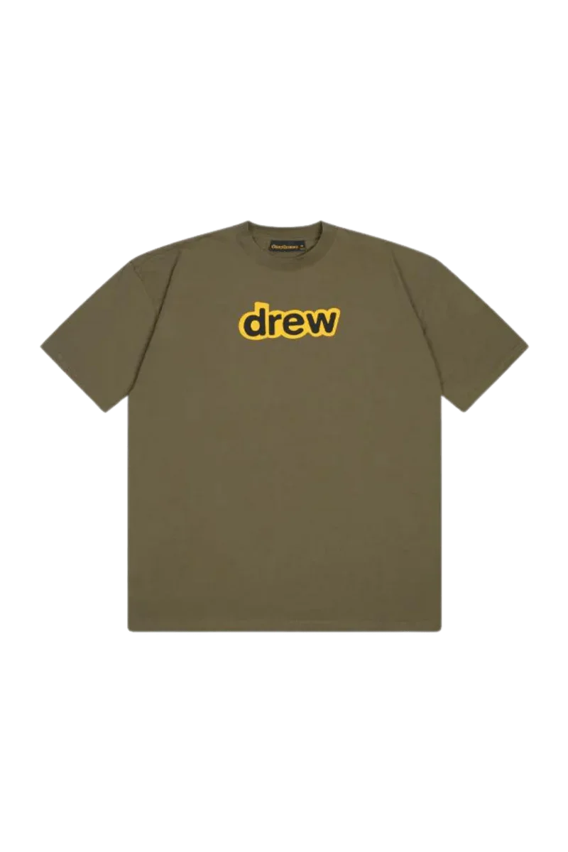 Drew House Secret SS Tee in olive green featuring a bold yellow drew logo