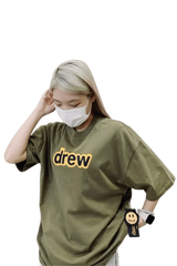 Drew House Secret SS Tee in olive green with a bold 'drew' logo for casual streetwear style