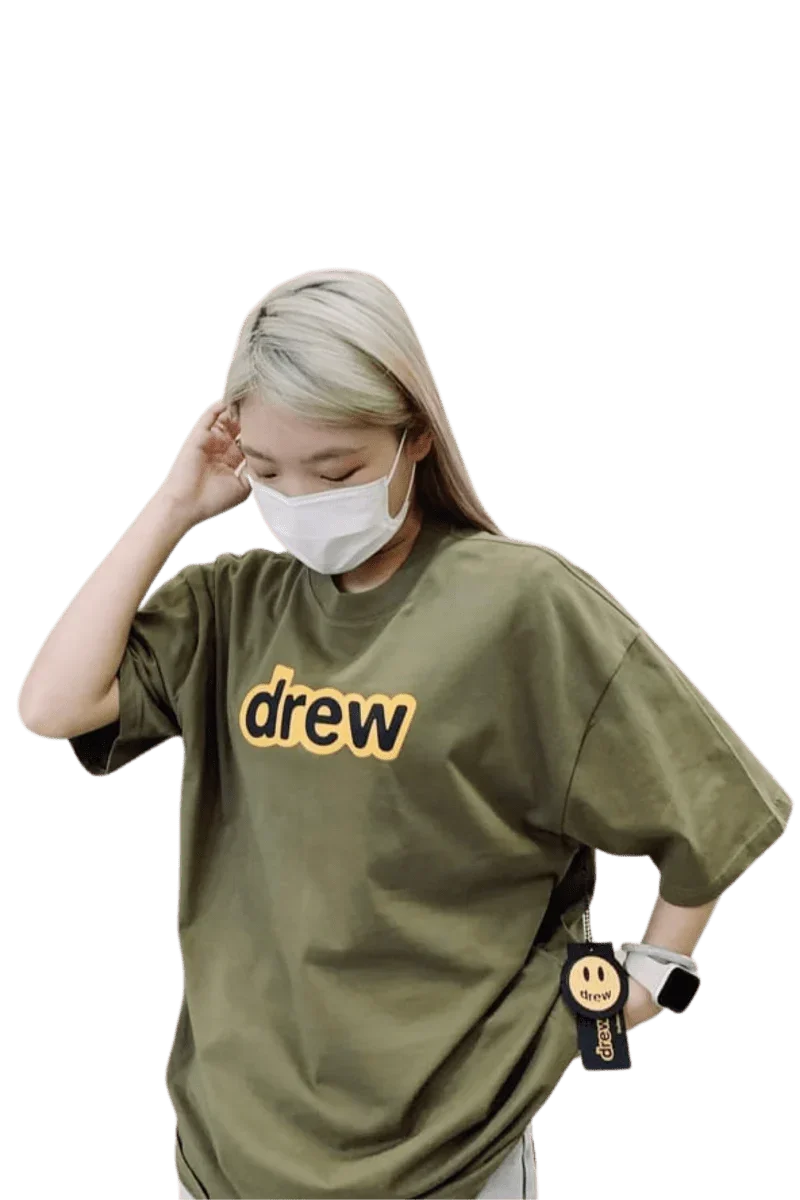 Drew House Secret SS Tee in olive green with a bold 'drew' logo for casual streetwear style