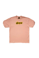 Drew House Secret SS Tee in soft pink featuring bold yellow 'drew' logo on the front