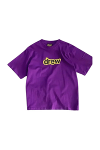Drew House Secret SS Tee in vibrant purple with 'drew' logo on the front