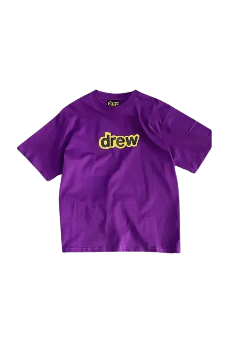Drew House Secret SS Tee in vibrant purple with 'drew' logo on the front