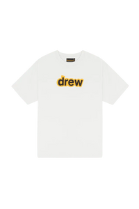 Drew House Secret SS Tee in white featuring a bold yellow drew logo for casual styling