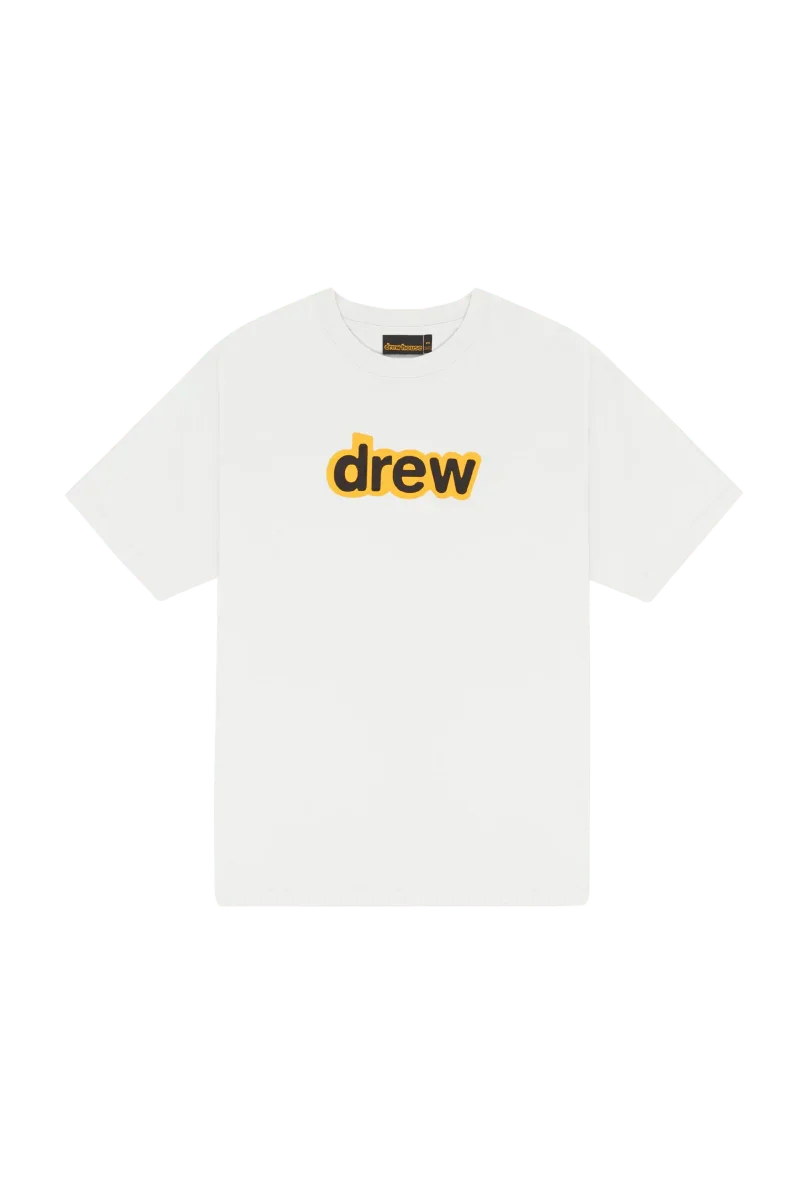 Drew House Secret SS Tee in white featuring a bold yellow drew logo for casual styling